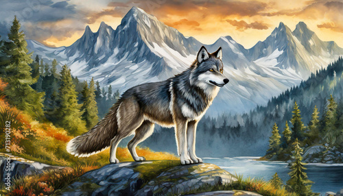 wolf in winter mountains, art design