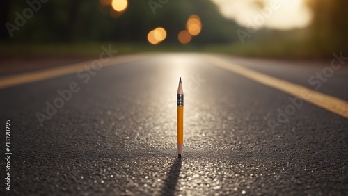 A pencil is placed in the center of the asphalt road, gleaming under the bright sunlight of the day.