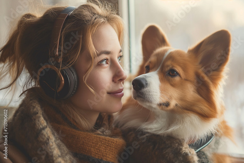 Woman wearing wireless headphones to Welsh Corgi