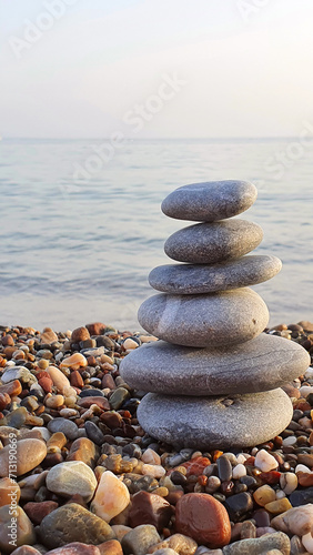 Spa stones balance on the sand of the beach.
