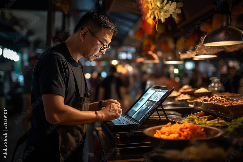 Asian male fast food restaurant worker places an order on a tablet