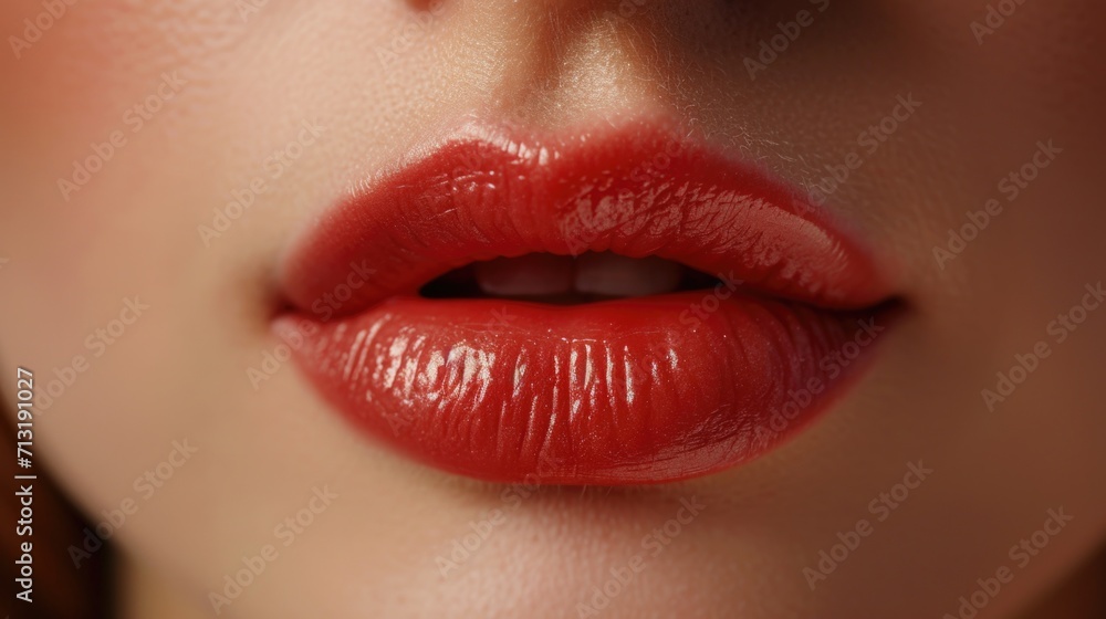 A close-up image showcasing the vibrant red lips of a woman. Perfect for beauty and cosmetic themes A close-up image showcasing the vibrant red lips of a woman. Perfect for beauty and cosmetic themes
