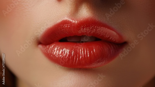 A close-up image showcasing the vibrant red lips of a woman. Perfect for beauty and cosmetic themes