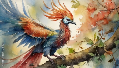 The watercolor of the red phoenix bird on the branch. © hugo