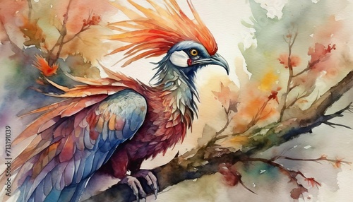 The watercolor of the red phoenix bird on the branch. © hugo