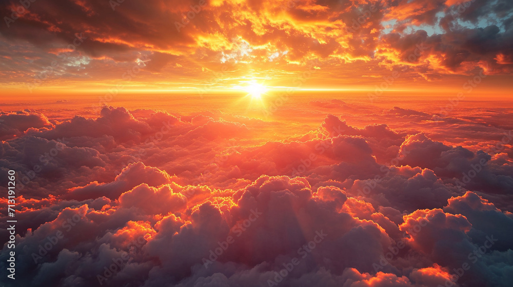 Sunset above the clouds, a mesmerizing celestial ballet. A wide expanse of heavenly beauty, capturing the essence of hope. Handcrafted by generative AI.