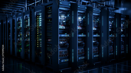 Data technology center server racks, internet of things, data flow, digitalization of internet traffic