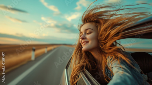 Adventure Time. A young woman leans out of a car window during a trip, feeling freedom. Travel, vacation or freedom concept. #713191477