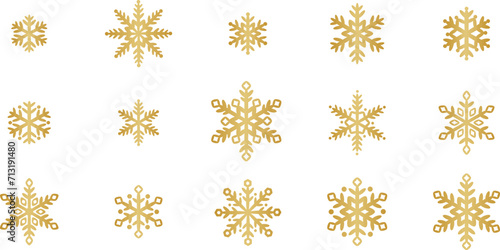 Gold snowflake clip art elements, elegant gradient snow symbol decoration set for the winter, isolated