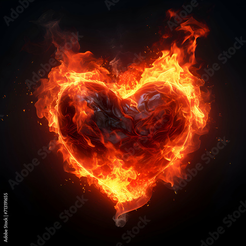Burning heart on a dark background. illustration.