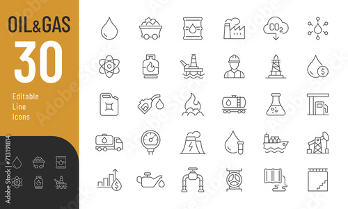 Oil And Gas Line Editable Icons set Vector illustration in modern thin line style of fossils fuel related icons: production, processing, transportation of oil and gas, and more. Isolated on white. photo