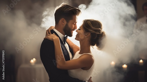Beautiful young wedding couple dance, bride and groom, bride is wearing a long white wedding dress, groom is wearing a black tuxedo suit with white shirt and a bow tie, romantic scene, white smoke photo
