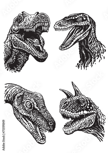 Graphical collection of dinosaurs on white background,vector illustration for tattoo, design and printing	