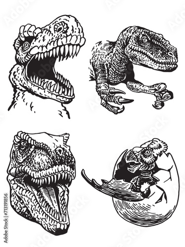 Graphical collection of dinosaurs on white background,vector illustration for tattoo, design and printing	