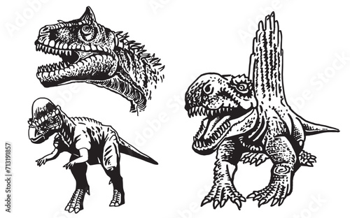 Graphical collection of dinosaurs on white background,vector illustration for tattoo, design and printing	