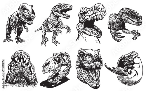 Graphical collection of dinosaurs on white background,vector illustration for tattoo, design and printing	