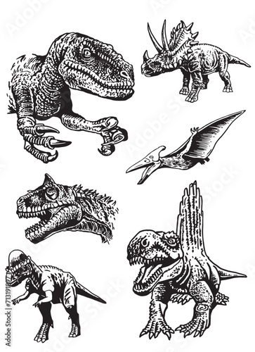 Graphical collection of dinosaurs on white background,vector illustration for tattoo, design and printing	