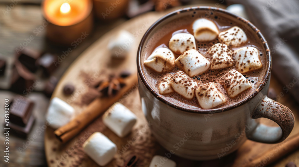 Hot cocoa or chocolate with marshmallows on a wooden stand surrounded by spices and marshmallows. The concept of drinks and comfort.