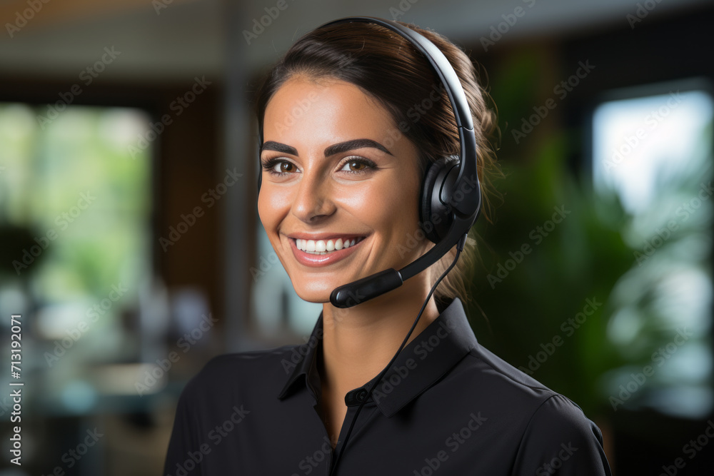 Portrait of a call center agent with a headset working on a support hotline in a modern office Portrait of a call center agent with a headset working on a support hotline in a modern office