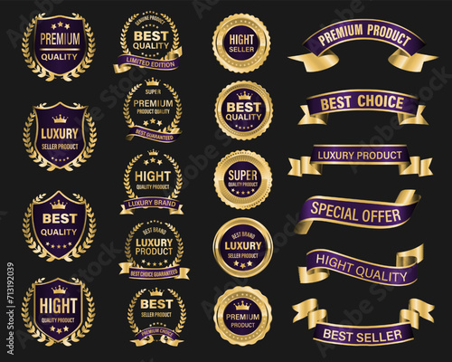 Golden purple luxury premium quality label badges on grey background vector