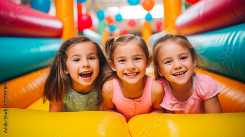 Tres niñas en un castillo inflable de exterior.