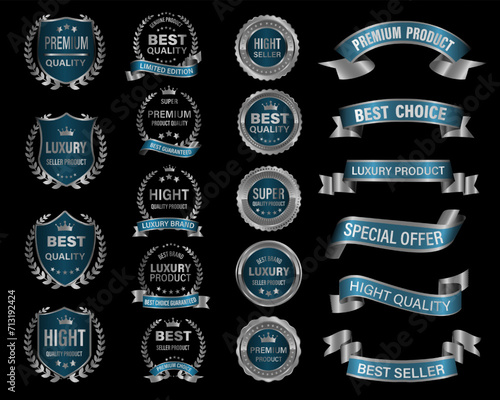Silver blue luxury premium quality label badges on black background vector
