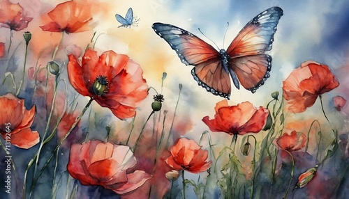 Fototapeta Naklejka Na Ścianę i Meble -  The watercolor of the red flowers with butterfly.