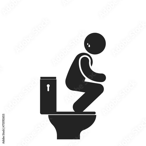 Isolated pictogram man sit or squat on top of toilet, for a bathroom restroom safety sign 