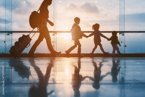 Single mother and children walking in airport terminal at sunset
