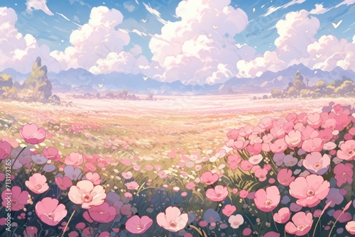 pink field background in pixel art style.