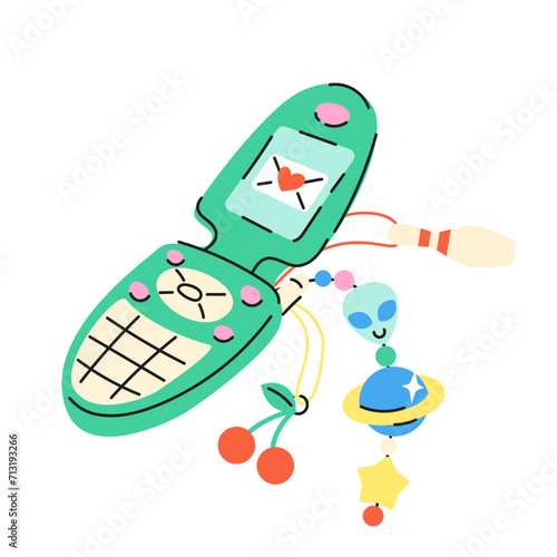 Cute cartoon illustration of retro 2000s flip mobile cellphone. Hand drawn flat vector y2k mobile telephone with funny charms in colored doodle style. Isolated on white.