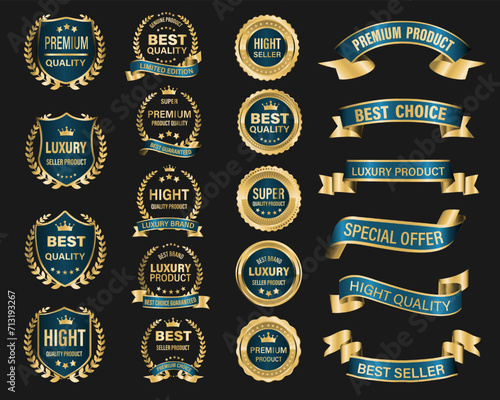 Golden blue luxury premium quality label badges on grey background vector photo