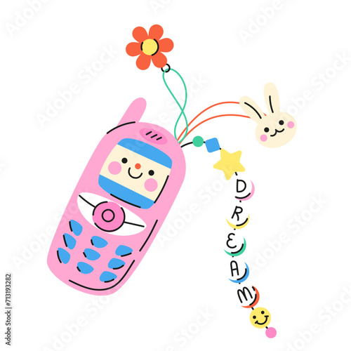 Cute cartoon illustration of retro 2000s pink mobile cellphone. Hand drawn flat vector y2k mobile telephone funny charms in colored doodle style. Isolated on white.