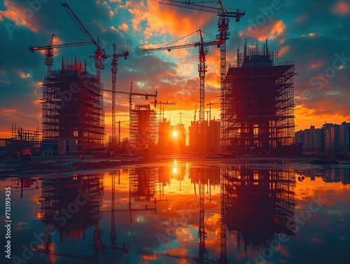 Construction site with tall structures and cranes