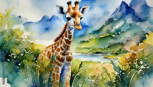 The watercolor of the baby giraffe in the jungle.