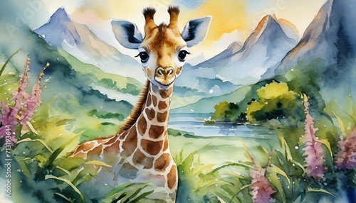 The watercolor of the baby giraffe in the jungle. photo