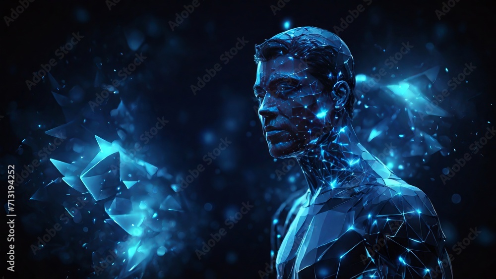 Futuristic polygonal 3d man made of glowing linear polygons in dark blue color. Abstract illustration for online business, it, network, support, services app concept. Futuristic polygonal 3d man made of glowing linear polygons in dark blue color. Abstract illustration for online business, it, network, support, services app concept.