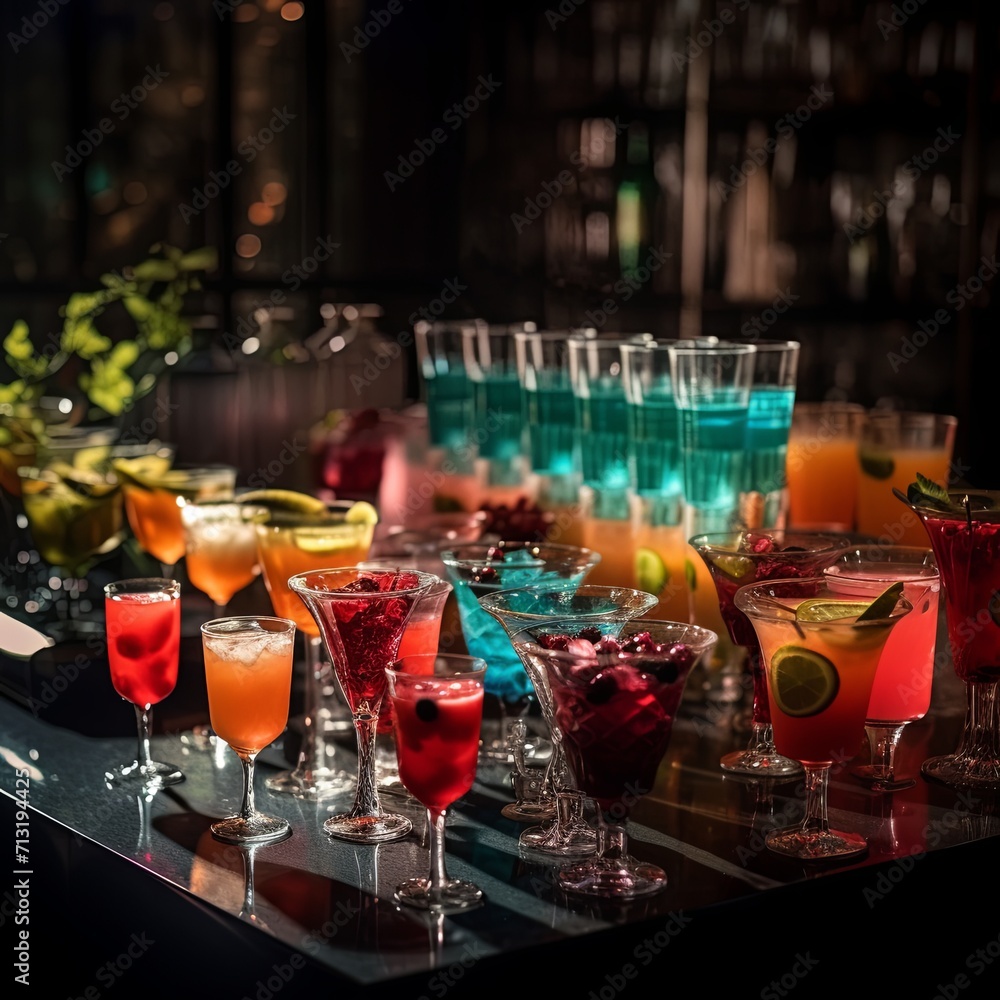 A table topped with lots of glasses filled with drinks A table topped with lots of glasses filled with drinks