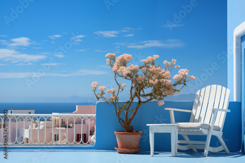 a beautiful interior on an open balcony or roof, an armchair and plants against a background of blue sky with clouds, a place for rest and relaxation