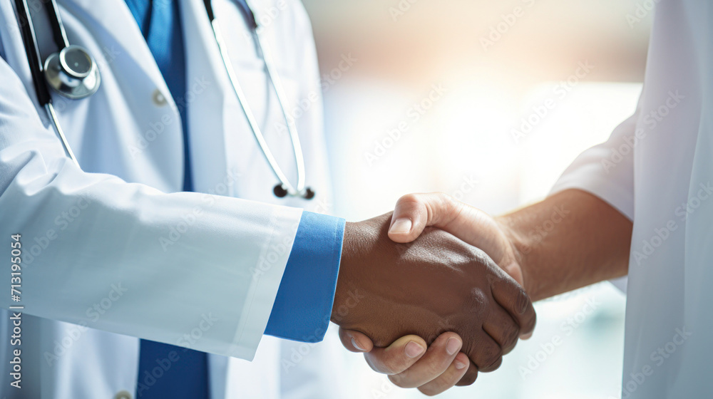 Doctor and Patient Handshake in Clinic.A close-up of a firm handshake between a doctor with a stethoscope and a patient in a clinical setting, symbolizing trust and agreement. Doctor and Patient Handshake in Clinic.A close-up of a firm handshake between a doctor with a stethoscope and a patient in a clinical setting, symbolizing trust and agreement.