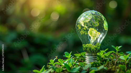 Eco-Friendly Concept with Earth Lightbulb on Leaves.A creative display of an eco-friendly concept with a lightbulb depicting the Earth, placed on lush green leaves with a bokeh light background.