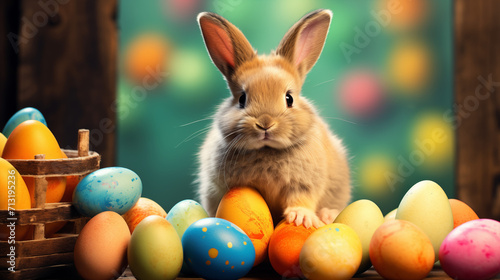 easter bunny and colorful easter eggs  background