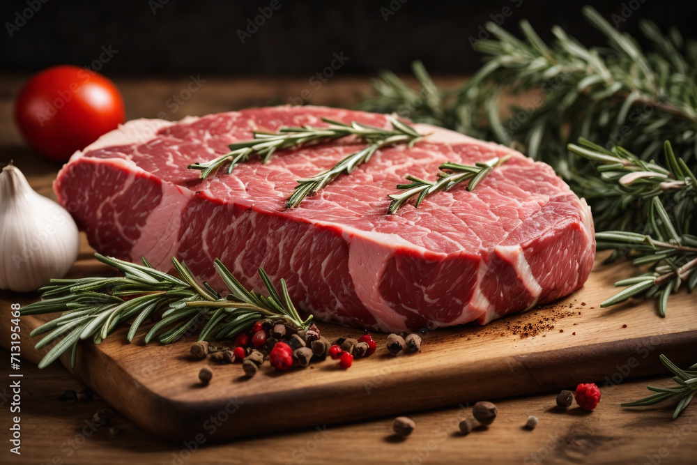 raw steak with rosemary in the kitchen