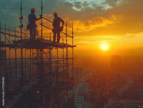 In the ongoing journey of construction, envision a moment where several workers, amidst the clatter, collaborate to set up scaffolding at the construction site, adding a significant chapter to their d