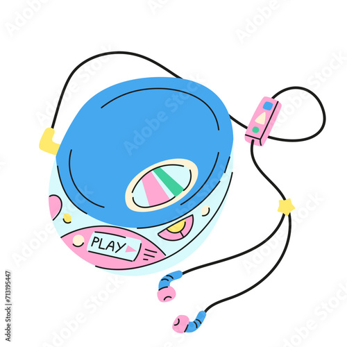 Cute cartoon illustration of retro 2000s CD player. Hand drawn flat vector y2k compact music player with headphones in colored doodle style. Isolated on white.