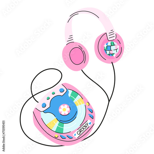 Cute cartoon illustration of retro 2000s CD player. Hand drawn flat vector y2k compact music player with headphones in colored doodle style. Isolated on white.