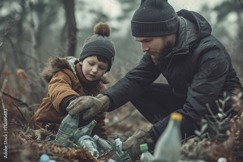 Boy and father wearing gloves collecting bottles 