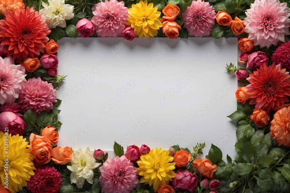 Fototapeta premium Floral bright frame with copy space, empty frame for text. Greeting card design for holiday, Mother's Day, Easter, Valentine's Day. Flat lay, top view