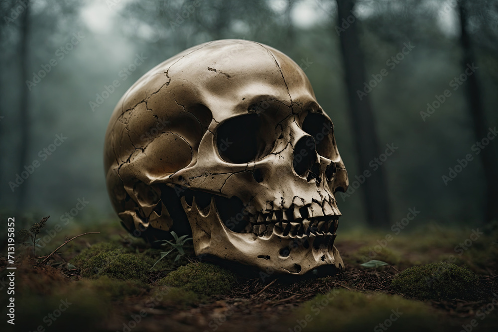 Close-up of a human skull in the forest against a natural background. Mystical concept of horror, death, disease, war. Close-up of a human skull in the forest against a natural background. Mystical concept of horror, death, disease, war.