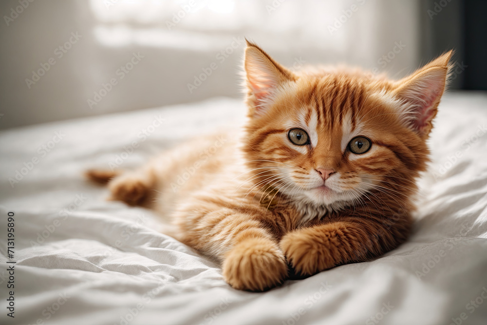 A cute red kitten lies in bed on a white sheet. Cozy home background. A cute red kitten lies in bed on a white sheet. Cozy home background.